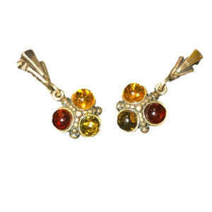 VTG Baltic Amber Sterling Silver Tri Colour Stone Stud Earrings 1.1”